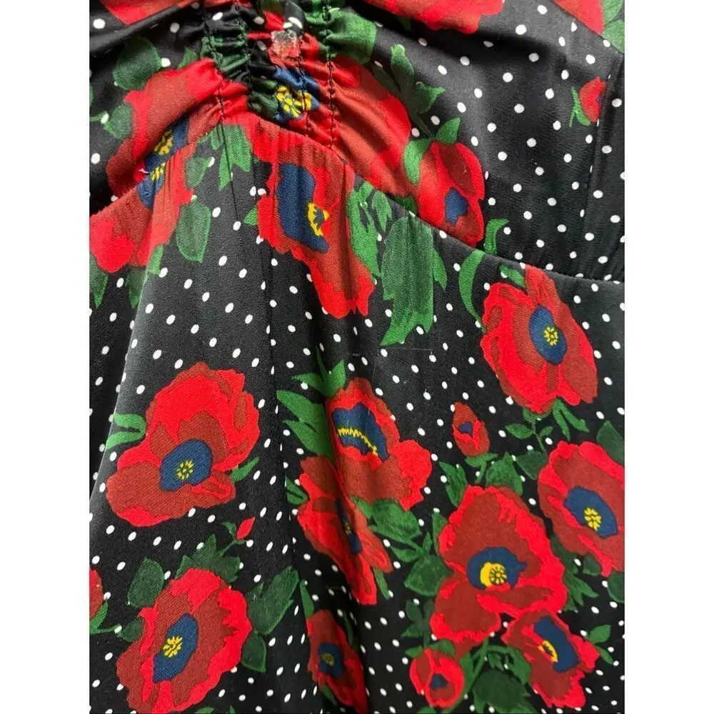 Free People Morning Light Flora Poppy Polka Dot Mini Dress in Black Red Size 6